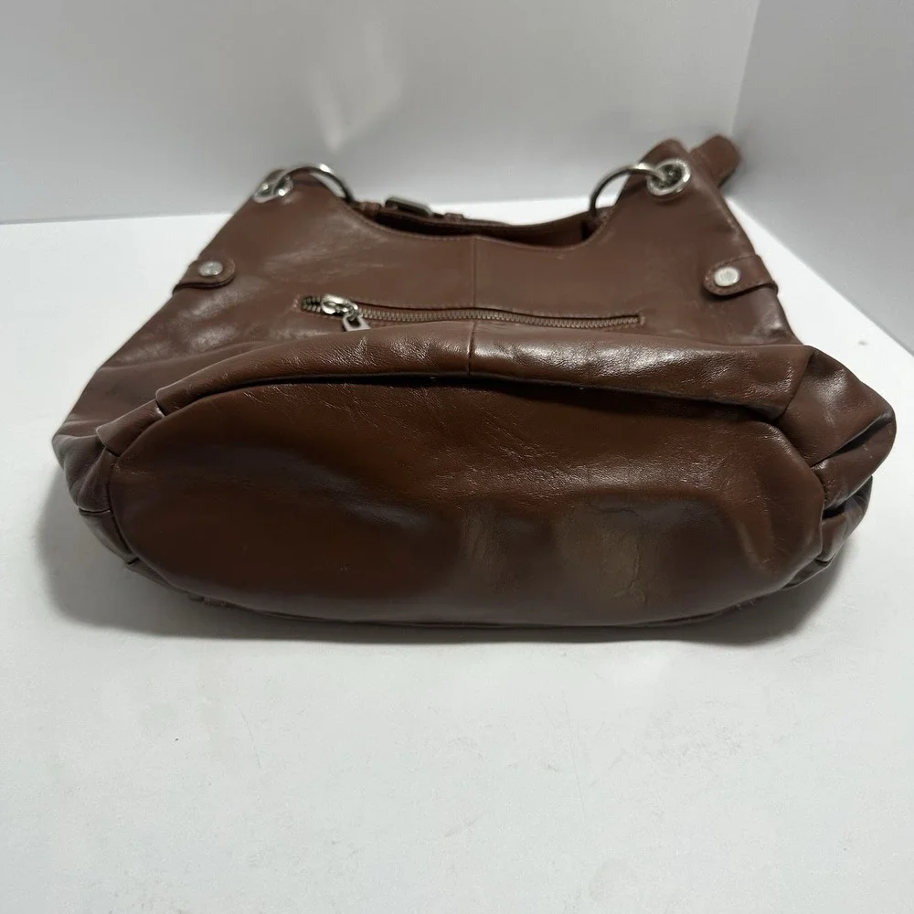 Grace Adele Leather Shoulder Hobo Bag‎ Brown Medium Size Silver Hardware